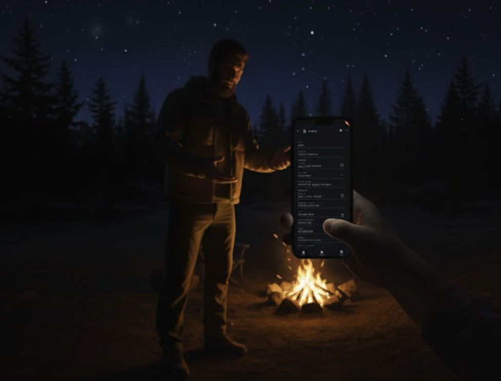 A campsite at night; the moment TrekCrumbs was born.