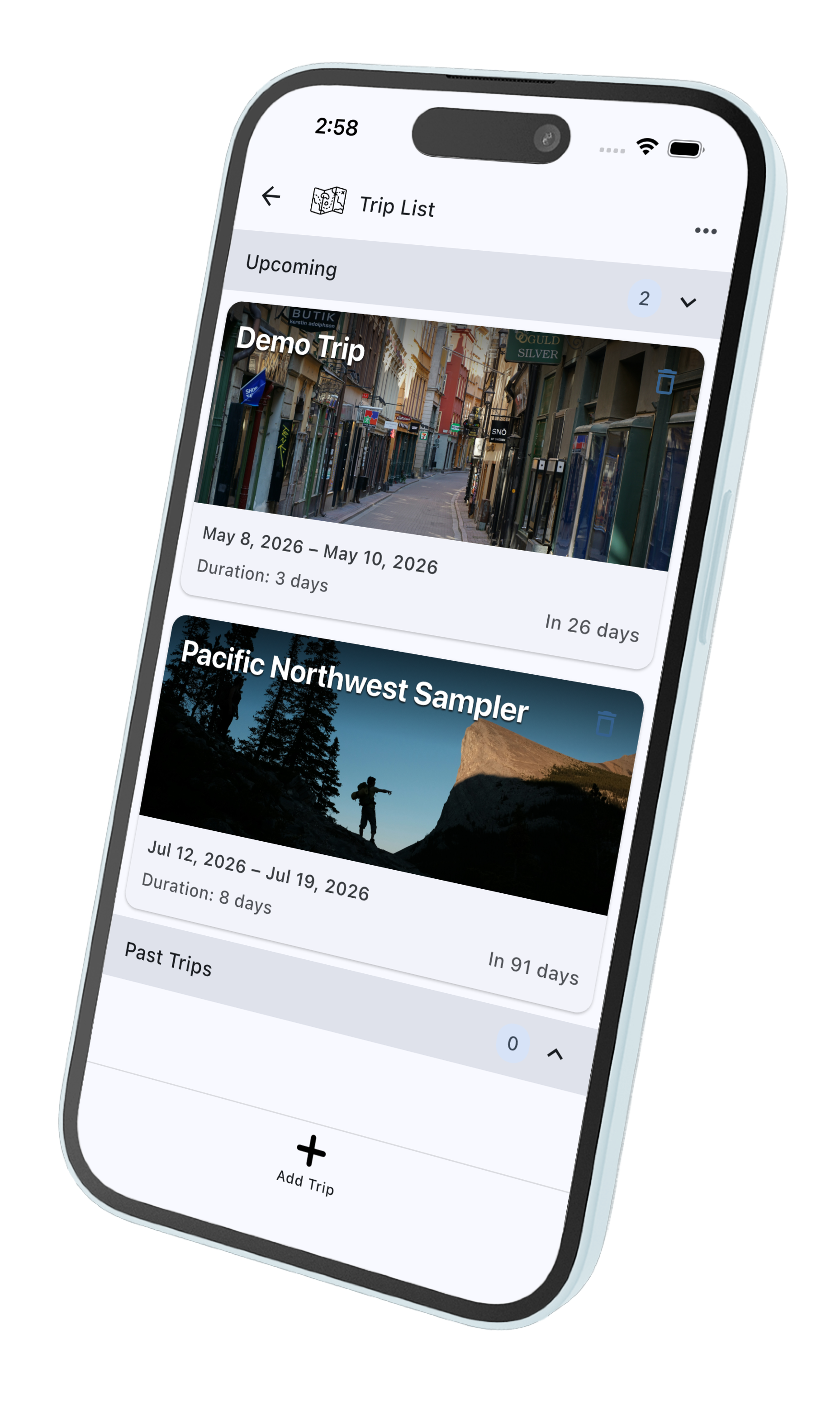 TrekCrumbs trip list screen