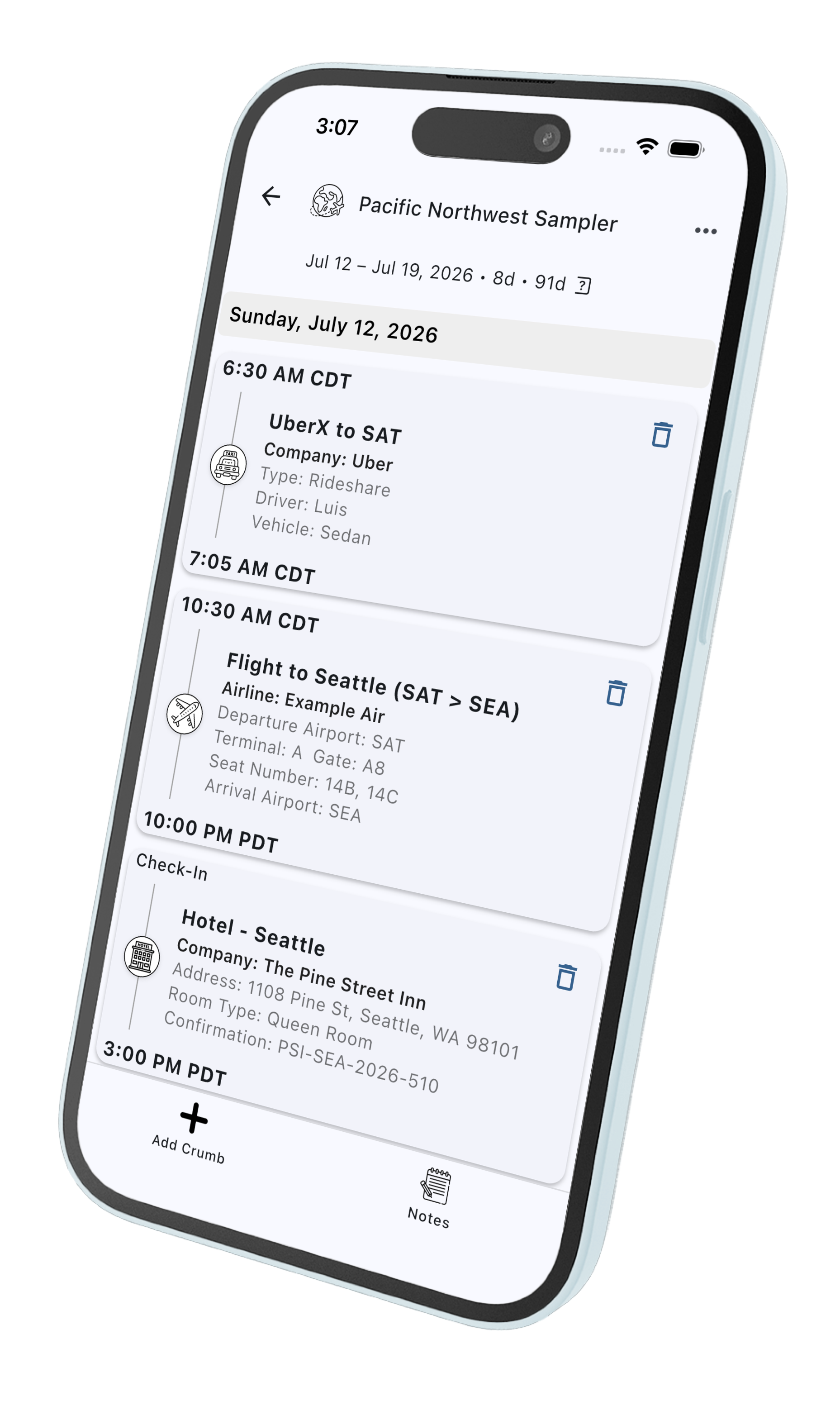 TrekCrumbs trip itinerary screen