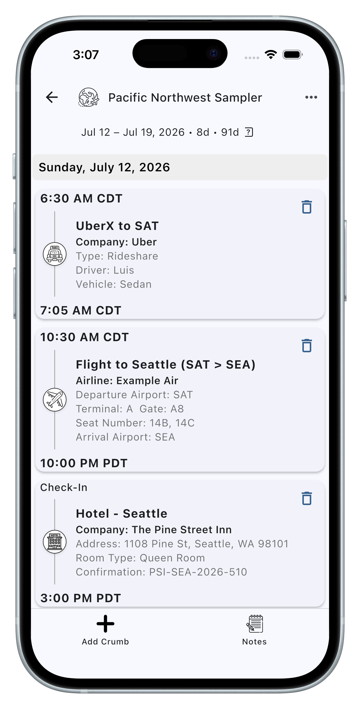 The TrekCrumbs trip timeline showing a day-by-day view of a trip.